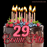 GIF animé pour un 29e anniversaire avec un somptueux gâteau au chocolat décoré de baies fraîches, des bougies allumées et le texte '29 Bonne Fête!' en rouge.