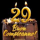 GIF animato con una torta al cioccolato decorata con crema, dettagli dorati e due candele accese che formano il numero 29. Messaggio 'Buon Compleanno' in scritta elegante.