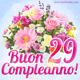 Bouquet animato con rose rosa, margherite e altri fiori colorati, con il numero 29 e la scritta 'Buon Compleanno!' in stile elegante e luminoso.