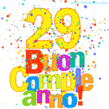 Animazione con il numero 29 in giallo e scritte multicolore 'Buon Compleanno!', accompagnate da una pioggia di stelle e coriandoli colorati.