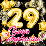 Animazione con palloncini dorati a forma del numero 29, circondati da decorazioni scintillanti e la scritta 'Buon Compleanno!' in caratteri rosa accattivanti.