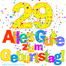 Geburtstags-GIF mit animierten bunten Sternen, der großen Zahl 29 und dem mehrfarbigen Text 'Alles Gute zum Geburtstag'.