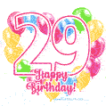 Colorful heart-shaped balloons frame GIF for a 29th birthday celebration