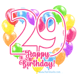 An animated birthday greeting card with a large '29' in pink outline surrounded by colorful balloons heart-shaped frame, and 'Happy Birthday!' written below in hand-written font.