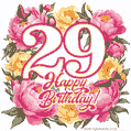 Animated 29th birthday GIF featuring a wreath of beautiful peonies, perfect for her special day