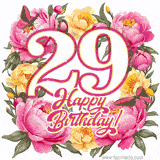 A celebratory GIF image features the animated number '29' and the words 'Happy Birthday!' surrounded by pink and yellow flowers. Two moving butterflies are included in this festive design.