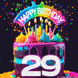 Chocolate cake with cyan layers, pink dressing and a big number 29 adorned with vibrant multicolored frosting, lit candles, and a rainbow topper with text that says 'Happy Birthday'. Animated colorful confetti move behind the cake.