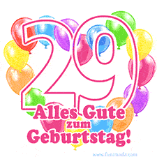 Ein verspieltes animiertes Geburtstags-GIF mit bunten Ballons in Herzform und der Zahl 29.