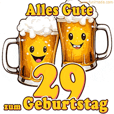 Zwei lustige Bierkrüge mit fröhlichen Gesichtern hüpfen auf und ab. Der Text lautet 'Alles Gute zum 29. Geburtstag'.