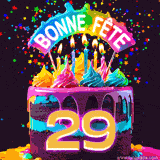 GIF animé pour un 29e anniversaire avec un gâteau au chocolat recouvert de glaçage arc-en-ciel, des bougies allumées, et le texte 'Bonne Fête' sur un fond étoilé et festif.