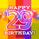 A birthday cake with lit candles is shown with colorful balloons and animated confetti.