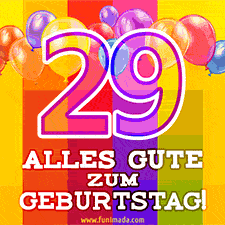 Große Zahl 35 in Umrissschrift, die Worte 'Alles Gute zum 29. Geburtstag', mehrfarbige animierte Ballons und lebendiger Hintergrund.