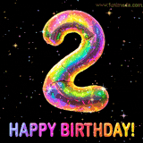 Shiny number 2 birthday celebration balloon with an iridescent glow and glitter on a black background with twinkling stars.