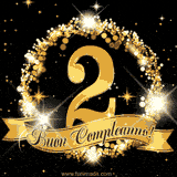 Il numero 2 è circondato da un anello dorato brillante, accompagnato da un nastro elegante con la scritta 'Buon Compleanno!' su uno sfondo scuro.