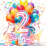 Animazione con palloncini colorati e scintillanti, accompagnata dal numero 2 in caratteri grandi e luminosi, e la scritta 'Tanti Auguri!' in stile vivace.