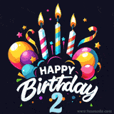 A celebratory sticker-themed 2nd birthday animated image with lit candles, balloons, and streamers. The text reads 'Happy Birthday 2 with a stylized, dynamic font.