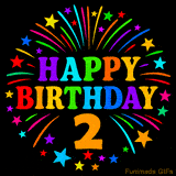 A birthday cake with lit candles is shown with colorful balloons and animated confetti.