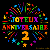 GIF animé 'Joyeux Anniversaire 2' avec des lettres colorées et des feux d'artifice éclatants