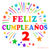 Imagen animada para felicitar los 2 años con letras de colores y diseño festivo.
