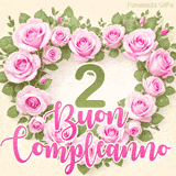 GIF per il 2° compleanno con un cuore di rose rosa e scritta elegante