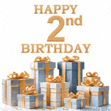 Festive animated eCard with elegant 'Happy 2nd Birthday' text above a pile of luxurious blue, white, and gold gift boxes and presents.