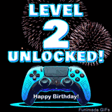 Animated GIF for a 2nd birthday. The text 'Level 2 Unlocked!' and 'Happy Birthday!' are displayed over a blue video game controller with exploding fireworks in the background.