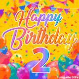 A bright and colorful animation for a 2nd birthday, The greeting is set against a yellow backdrop with animated confetti, colorful bunting at the top, and balloons at the bottom.