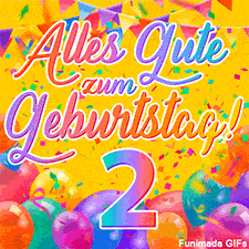 Eine festliche Animation zum 2. Geburtstag, Die Worte 'Alles Gute zum Geburtstag' und die Zahl '2' sind in einer bunten Schriftart gehalten, umgeben von Partyballons und Konfetti.