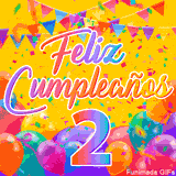 Un GIF animado para un 2º cumpleaños, Muestra el texto 'Feliz Cumpleaños 2' sobre un fondo amarillo vibrante con globos de colores, banderines y una lluvia de confeti.