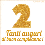 GIF animata per un 2° compleanno, Mostra il numero 2 in grandi caratteri dorati pieni di glitter scintillante, Sotto, la scritta 'Tanti auguri di buon compleanno!' in un elegante oro.
