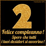 Un GIF animato per un 2° compleanno, Presenta il testo 'Buon Compleanno 2' su uno sfondo giallo vivo con palloncini colorati, festoni e una pioggia di coriandoli.