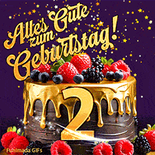 Eine köstlich aussehende animierte Geburtstagskarte für den 2. Geburtstag, dekoriert mit Erdbeeren, Blaubeeren und goldenen Details, Sterne funkeln und fallen, mit 'Alles Gute zum Geburtstag!'-Text.