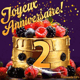 Une animation de célébration d'un gâteau de 2ème anniversaire, Des étoiles dorées tombent du ciel, mettant en valeur le texte 'Joyeux Anniversaire !' et le nombre doré 2 à l'avant du gâteau.