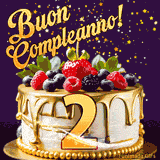 Un GIF animato di una bellissima torta per il 2° compleanno con glassa dorata e frutti di bosco freschi, Il numero dorato 2 è davanti, e stelle cadono su uno sfondo viola scuro.