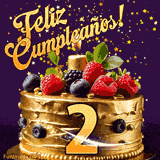 Una animación de celebración de una tarta para el 2º cumpleaños, Estrellas doradas caen del cielo, destacando el texto '¡Feliz Cumpleaños!' y el número dorado 2 en la tarta.