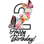 A floral 2nd birthday animated greeting card. The number '2' is surrounded by animated flowers and butterflies, creating a beautiful and cheerful way to celebrate the milestone.