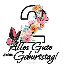 Ein florales GIF zum 2. Geburtstag. Die Zahl '2' ist von animierten Blumen und Schmetterlingen umgeben und bietet eine schöne und fröhliche Art, den Meilenstein zu feiern.