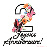 Ce GIF de Joyeux 2ème Anniversaire présente le nombre vingt rempli d'un bouquet vibrant de fleurs animées, avec des papillons qui bougent doucement sur un fond blanc.