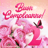 Immagine GIF animata per i 2 anni: un bouquet di rose rosa, una farfalla che sbatte le ali e la scritta buon compleanno su uno sfondo aranciato brillante.