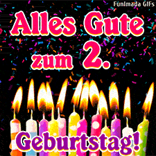 Bunte Konfetti-Teilchen wirbeln um brennende Kerzenflammen herum. Die große pink-weiße Aufschrift im Bild lautet: Alles Gute zum 2. Geburtstag! Feierlich.