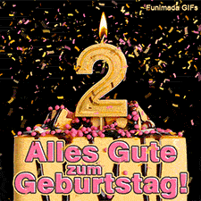 Festliche Torte mit rosa Dekoration und einer brennenden goldenen 2 als Zahlenkerze. Buntes Konfetti rieselt herab. Schriftzug: Alles Gute zum Geburtstag!