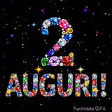 Animazione con il numero 2 e la parola Auguri creati da diamanti multicolori brillanti, con stelline che lampeggiano su uno sfondo scuro.