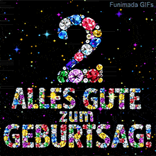 Ein dunkler Hintergrund mit der Ziffer 2 und dem Text Alles Gute zum Geburtstag aus funkelnden Diamanten, umgeben von bunten Sternchen.