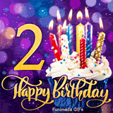 A blue-wrapped cupcake with white frosting, colorful sprinkles, and burning candles beside a large gold number 2 and Happy Birthday script on purple.