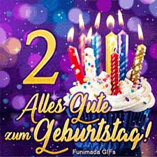 Ein blauer Cupcake mit brennenden Kerzen und die goldene Ziffer 2. Unten steht 'Alles Gute zum Geburtstag!' auf einem funkelnden violetten Grund.