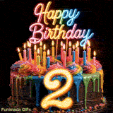 Spinning colorful birthday cake GIF featuring vibrant rainbow drip frosting, lit candles, and glowing number 2 for 2nd birthday.