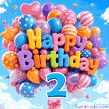 Colorful patterned balloons float against a bright blue sky. 3D balloon text says Happy Birthday with a large blue digit 2 hanging below.