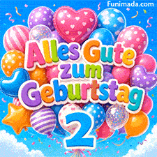 Bunte Partyballons fliegen vor einem hellblauen Himmel. Als 3D-Ballonschrift ist Alles Gute zum Geburtstag zu lesen, darunter hängt eine große blaue 2.