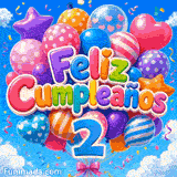 Imagen animada para el 2º cumpleaños mostrando globos con formas de estrellas y corazones meciéndose al viento sobre nubes.