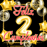 Animación de un GIF con el número 2 en dorado, rodeado de estrellas, burbujas brillantes y la frase 'Feliz cumpleaños' en letras modernas y festivas.